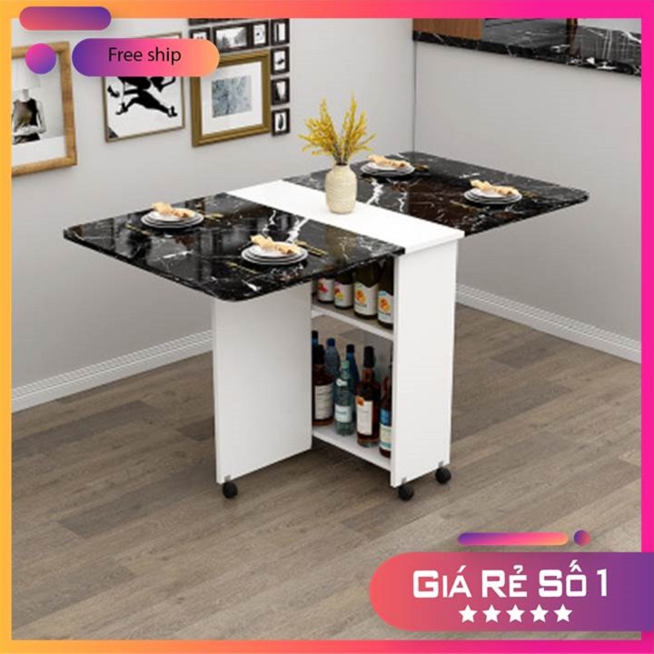 Bàn ăn xếp gọn dài 1m4 x 80cm, Bàn ăn thông minh, Bàn ăn gỗ mạ vân đá sang trọng DH-BGK2066
