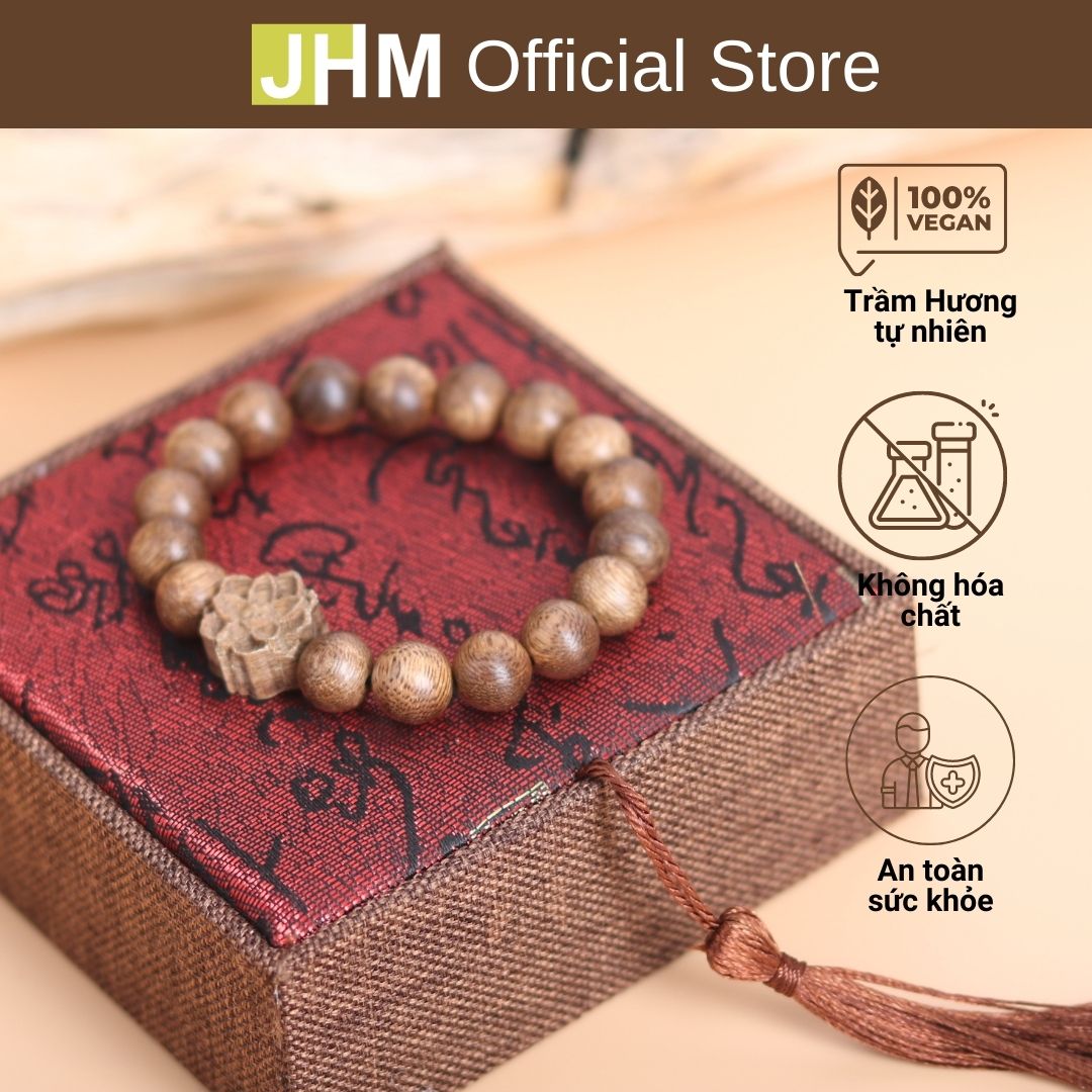 Vòng tay trầm hương mix charm sen JHM vòng tay trầm hương tròn đơn mix charm hoa sen mang ý nghĩa sum họp yên vui