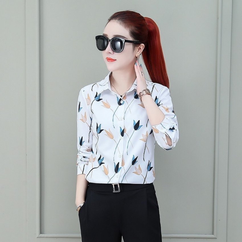 [HCM]Áo sơ mi nữ dài tay họa tiết hoa tulip sang trọng Mã A684 Thời trang Okinawa Phong cách thời trang thông dụng cho các nàng thường xuyên sử dụng áo sơ mi với hơi hướng mới lạ độc đáo dễ kết hợp với nhiều phụ kiện trang phục