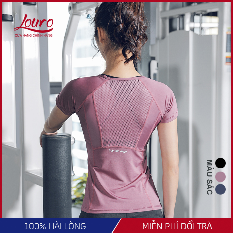 Áo thun tập gym nữ Louro, kiểu áo tập gym nữ tay ngắn, chất liệu thoáng mát, co giãn 4 chiều - A35