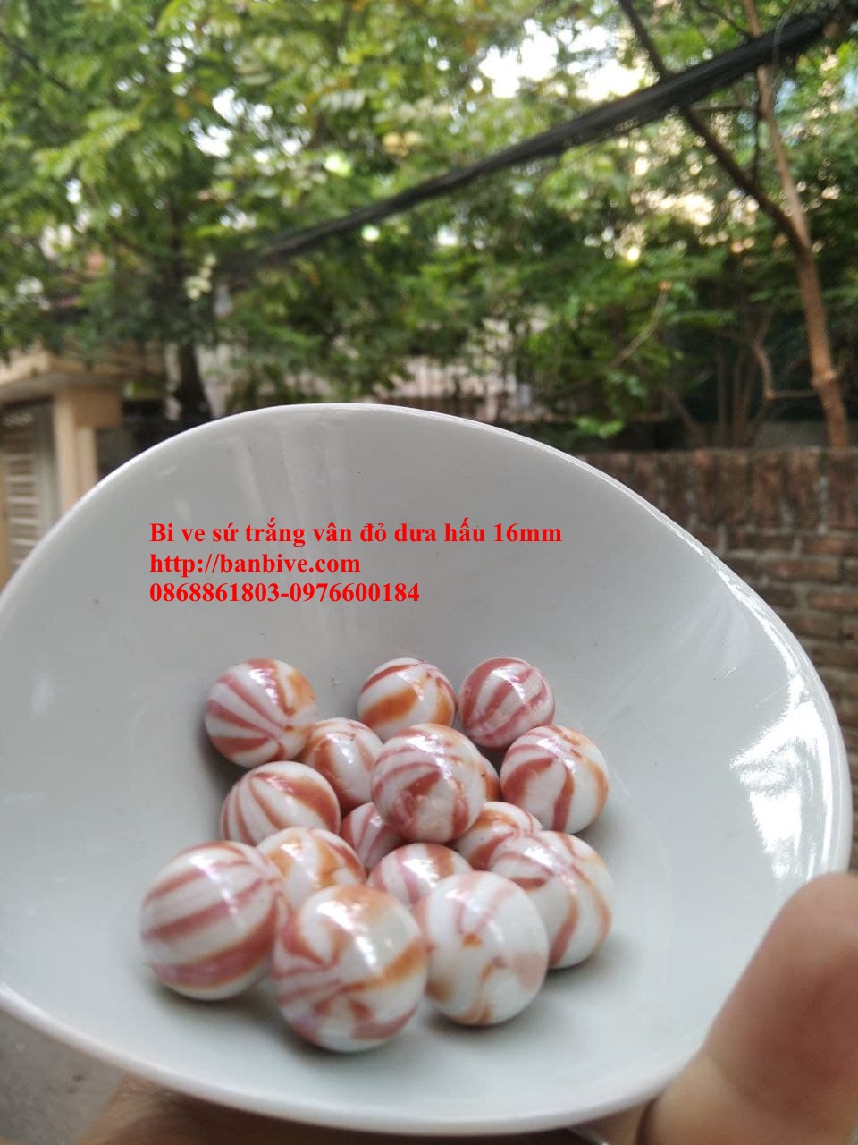 Bi ve - bộ viên bi sứ trắng vân đỏ dưa hấu đường kính 1.6 cm bộ 10 viên