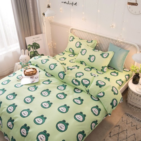 Set 3 ga gối - Bộ ga chun và 2 vỏ gối chất Cotton Poly họa tiết chú ếch xanh dễ thương