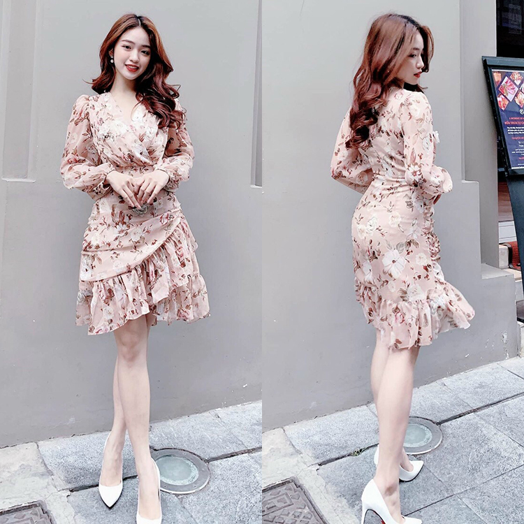 Đầm xòe lụa cổ tim xếp ly eo thời trang