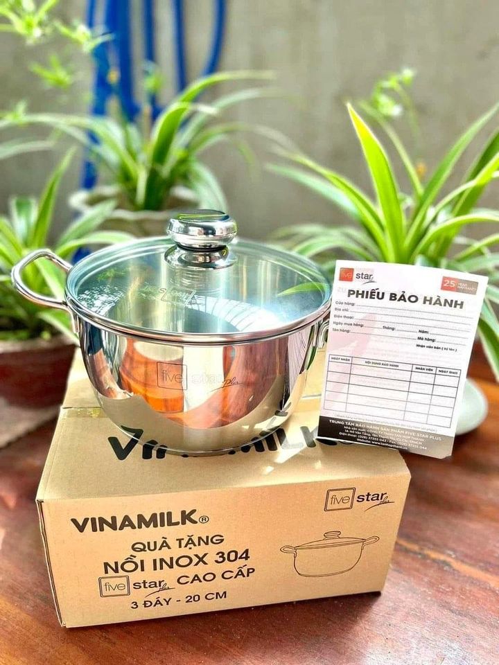 Nồi inox 304 cao cấp five star 20cm quà vinamilk _ nồi inox cao cấp nắp kính đáy từ five star 20cm