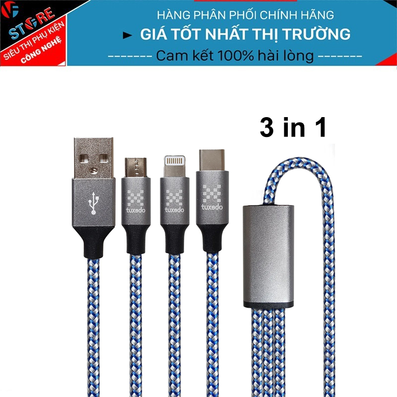 Cáp sạc điện thoại đa năng 3 đầu Tuxedo TC-01 bọc dù, dài 1.2m, 1 đầu Micro USB, 1 đầu Lightning, 1 đầu Type-C