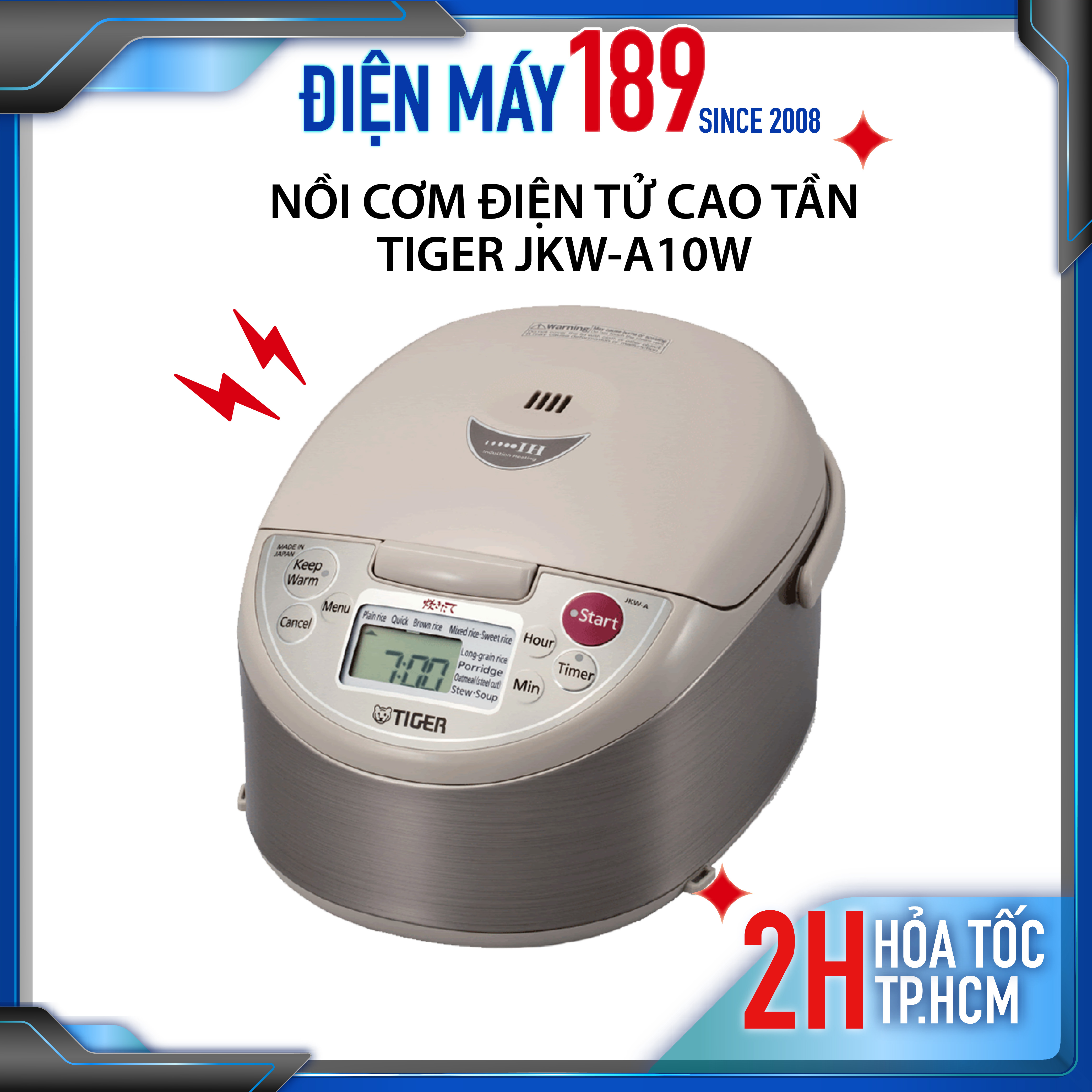 Nồi cơm điện tử cao tần Tiger JKW-A10W - dung tích 1 lít, công suất 1200W, 9 chương trình nấu, giữ ấm - Hàng chính hãng, bảo hành 12 tháng