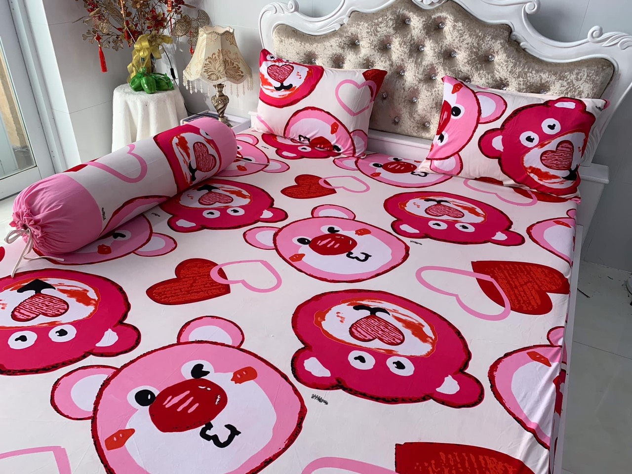 Bộ ga gối thun hàn quốc 3D mã gấu hồng siêu cute cho bé