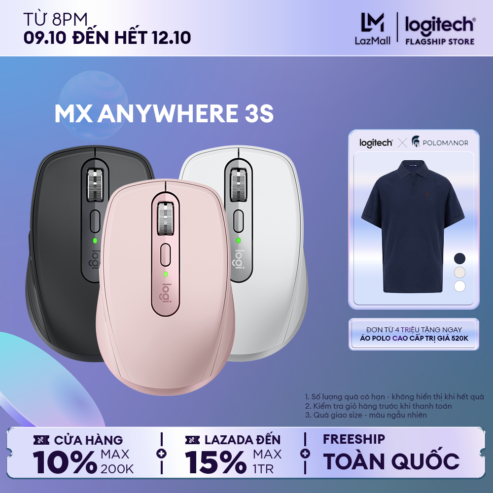 Chuột không dây Logitech MX Anywhere 3S Silent - Cuộn nhanh, 8000 DPI, lướt trên mọi bề mặt, USB C, Bluetooth, Windows PC, Linux, Chrome, Mac