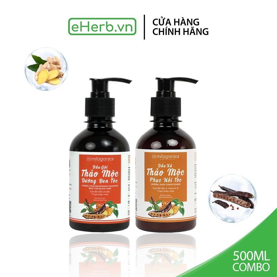 Combo dưỡng tóc: dầu gội dầu xả thảo dược từ 7 loại thảo mộc thiên nhiên dưỡng đen tóc ngừa rụng MILAGANICS 500ml