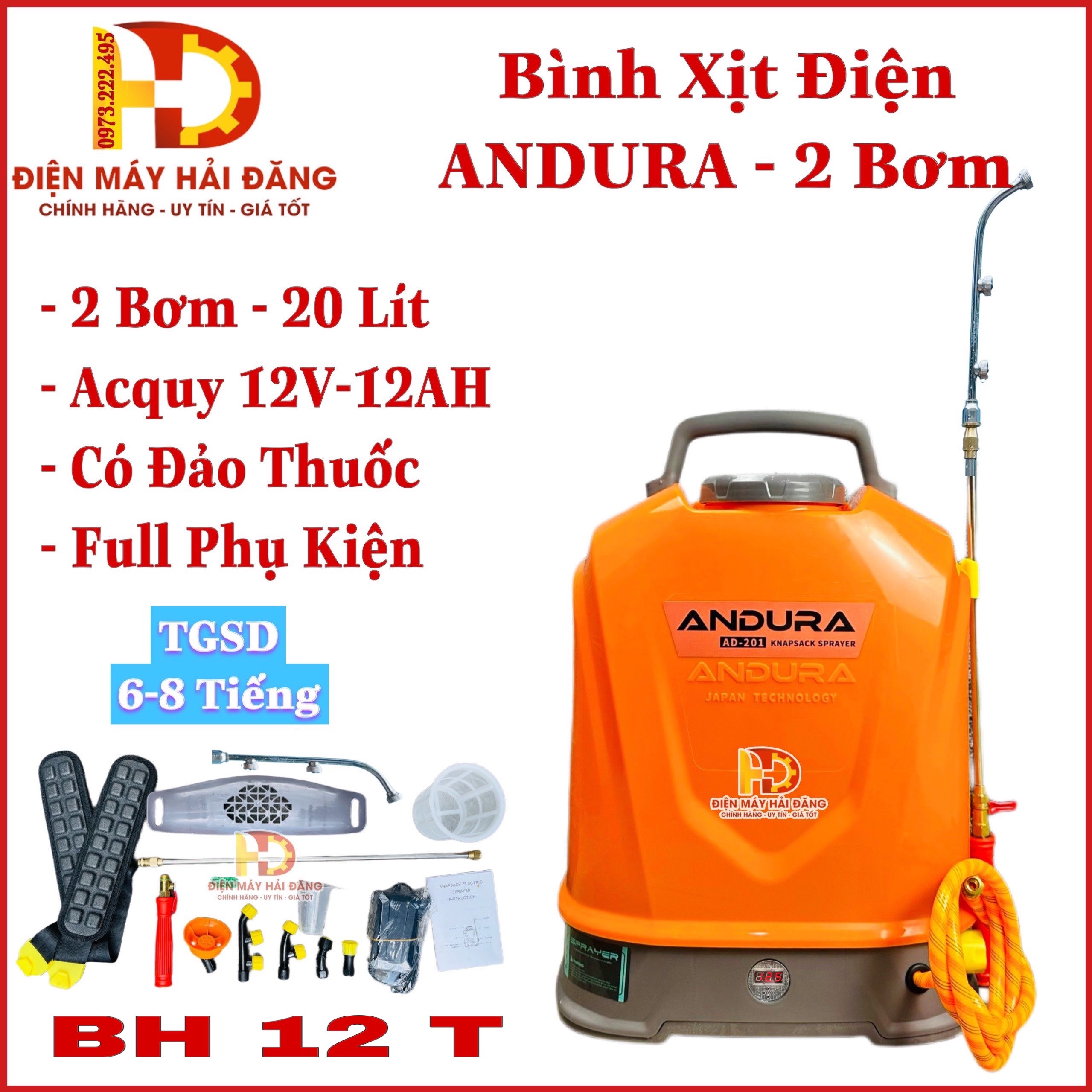 Bình phun xịt sâu.bình xịt điện 2 bơm andura 12v - 12ah 20l cực mạnh.bảo hành 6t