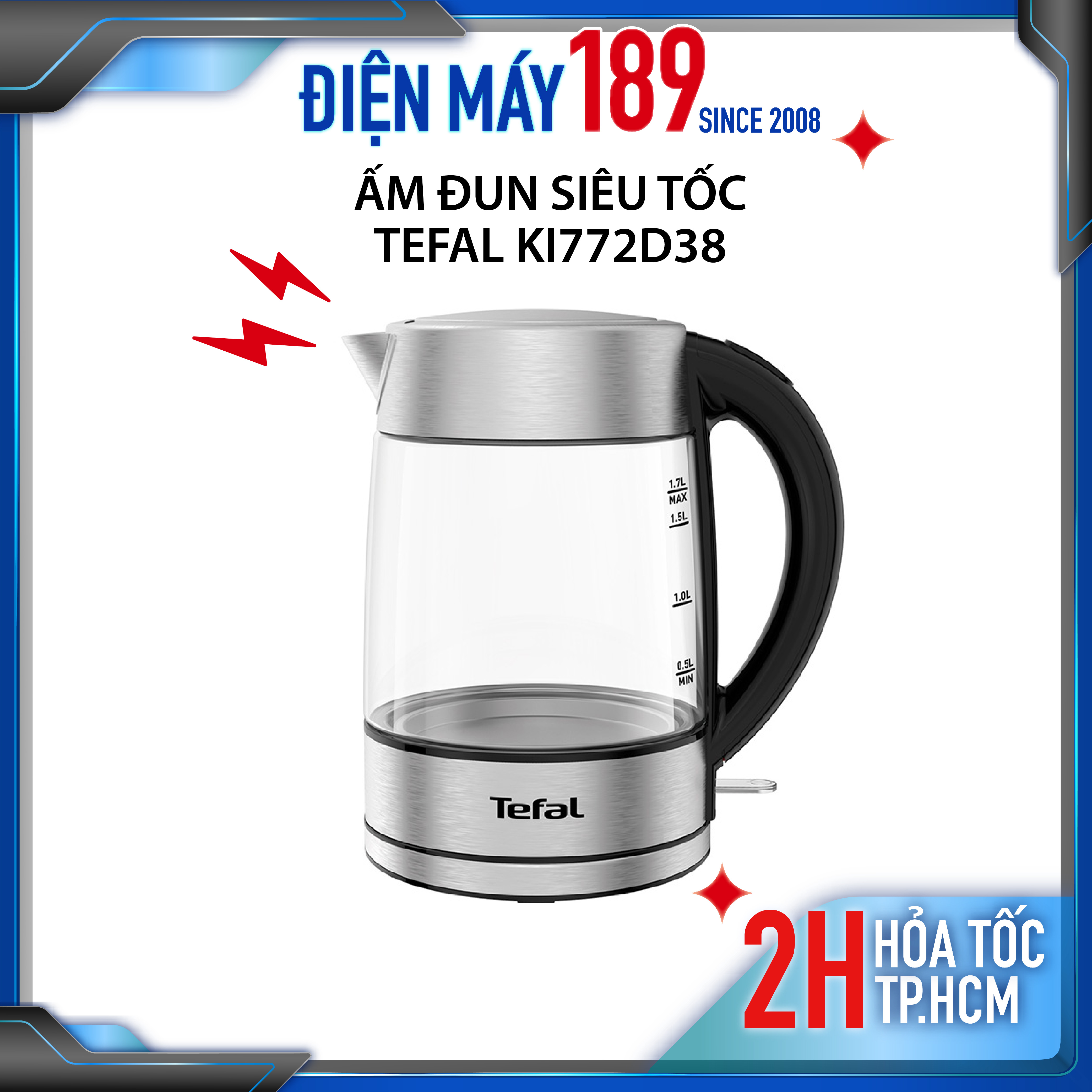 Ấm siêu tốc tefal ki772d38 - 2400w, 1.7l, thủy tinh - hàng chính hãng bảo hành 2 năm