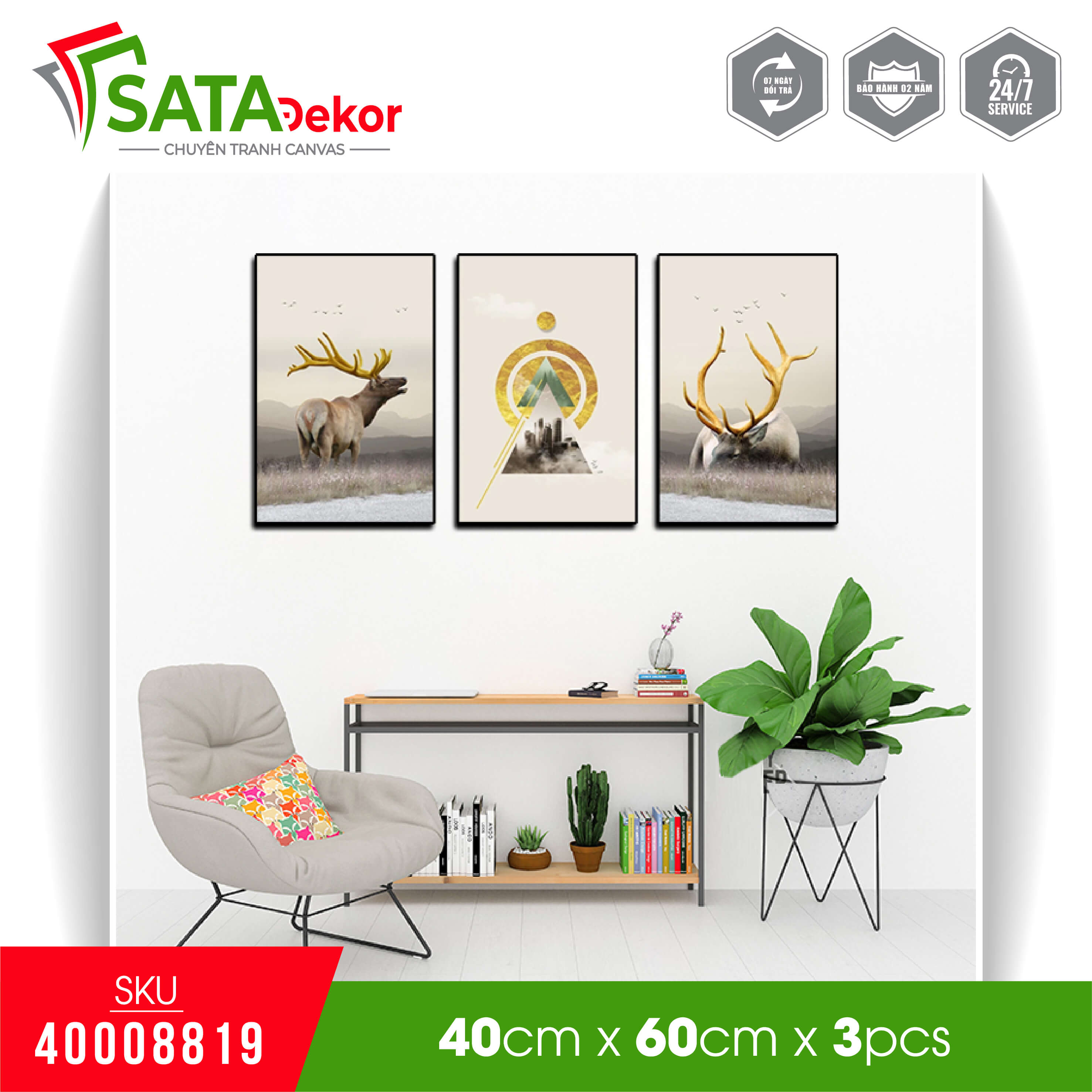 Tranh canvas treo tường hiện đại bộ 3 tranh nai sừng tấm phong cách Bắc Âu tối giản (40008819)
