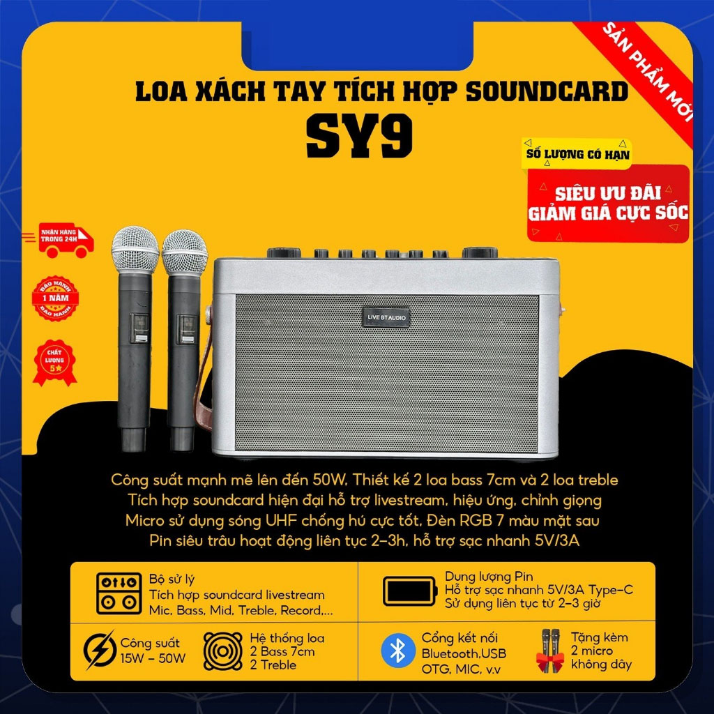 Loa Bluetooth Nghe Nhạc Loa Karaoke Tích Hợp Soundcard SY9 Công Suất Lên Đến 50W Livestream Karaoke Chơi Nhạc Cực Sướng Tặng Kèm 2 Micro Không Dây Sóng UHF Chống Hú Rè Cực Tốt 2 Bass 7cm Và 2 Treble 12 Cổng Kết Nối Thiết Bị