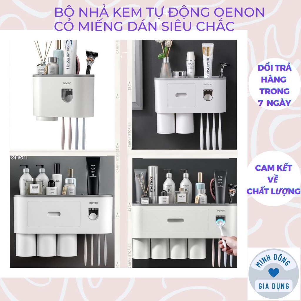 Bộ nhả kem đánh răng tự động oenon, Kệ để bàn chải đánh răng oenon có cốc hút từ,nhả kem tự động