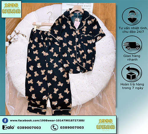 Bộ ngủ sét bộ ngủ quần dài gấu Teddy xinh đồ ngủ lụa bộ ngủ cute