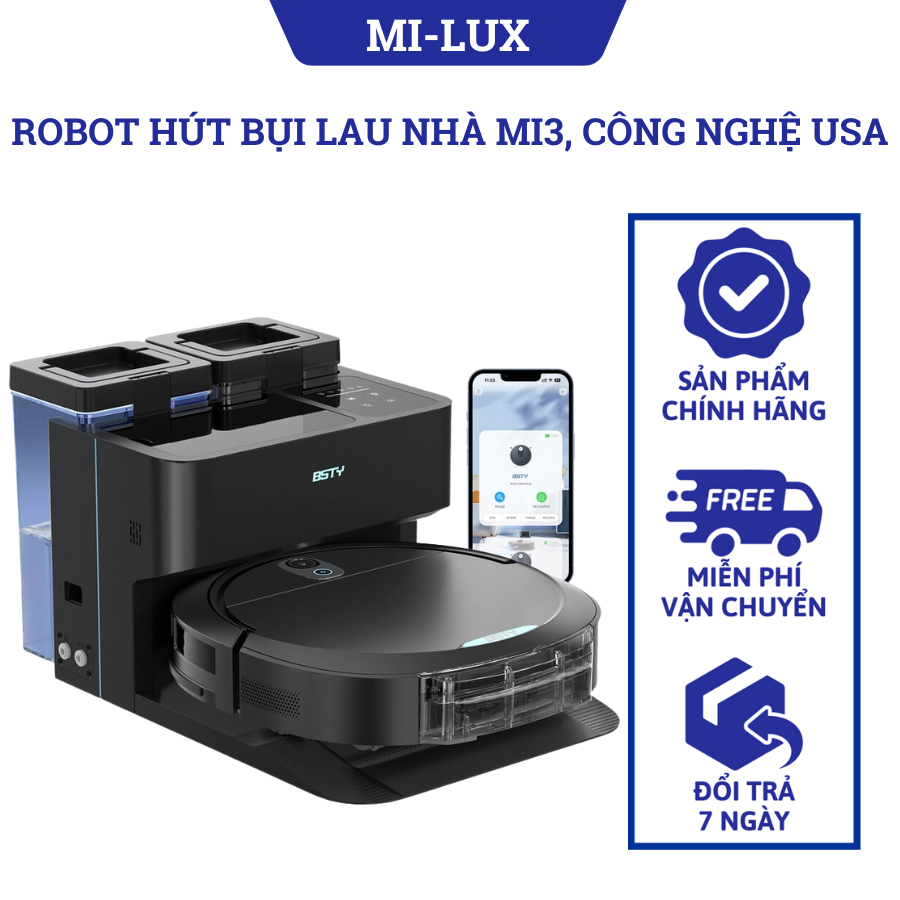 Robot hút bụi lau nhà Mi-lux Mi3 Công nghệ USA tự động giặt giẻ, tự đổng đổ rác, tự động cấp và xả nước, thiết kế siêu gọn, model hot 2023, phiên bản Quốc tế. Bảo hành 24 tháng