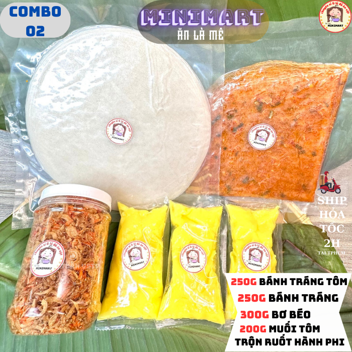 Bánh tráng phơi sương-combo khủng 1kg- bánh tráng trắng + bánh dẻo tôm + muối ruốt hành phi + bơ béo - c02- ăn là mê - ăn vặt minimart 02