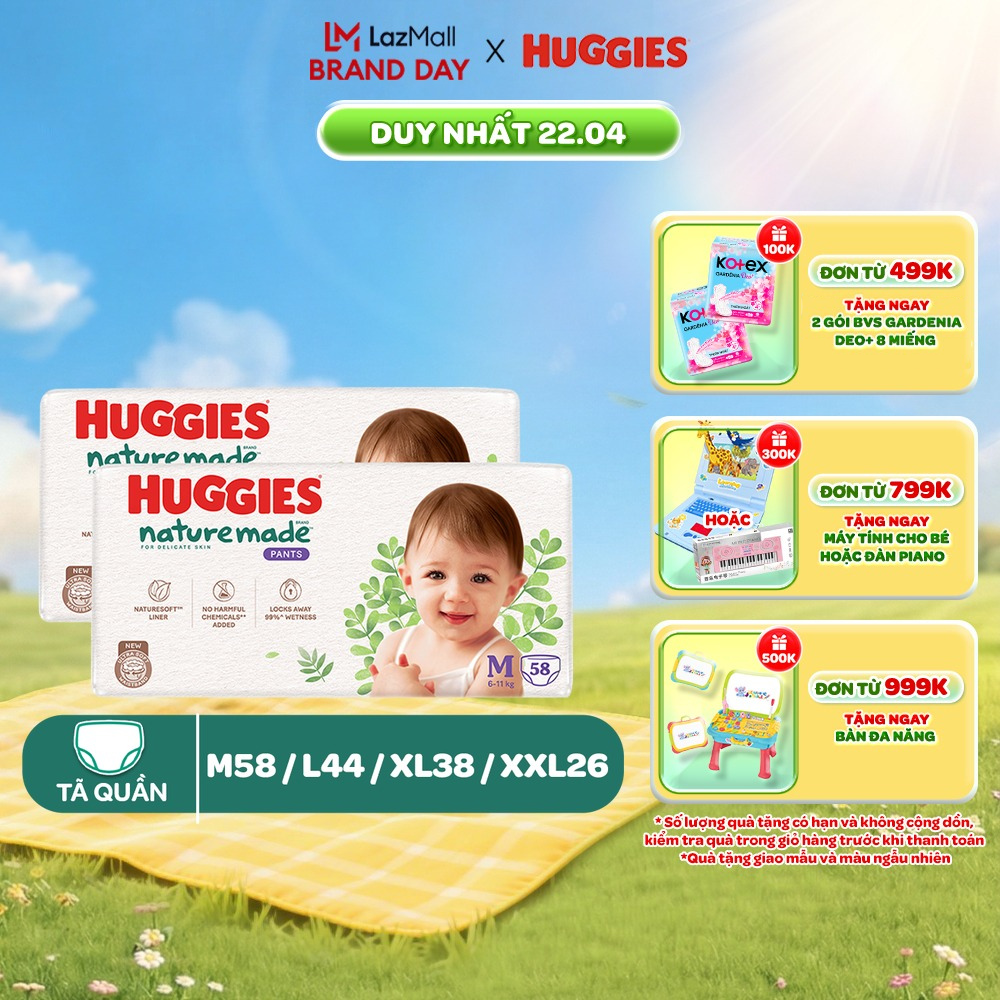 Combo 2 Tã/Bỉm quần Huggies NatureMade M58/ L44/XL38/XXL26/XXXL28