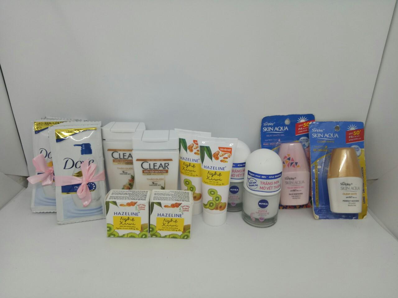 Mua trọn bộ 10 món - Tặng thêm 20 gói sữa tắm Dove : 2chai lăn khử mùi Nivea + 2chai dầu gội Clear + 2chai kem chống nắng sunplay + 2hộp kem nén - 2tuýt sữa rửa mặt kiwi nghệ