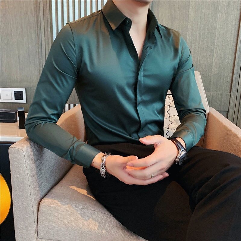 Áo sơ mi nam tay dài áo sơ mi nam áo sơ mi nam dài tay màu xanh lá đậm phong cách hàn quốc mới