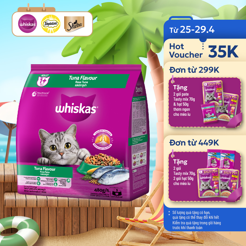 Thức ăn mèo Whiskas vị cá ngừ túi 480g
