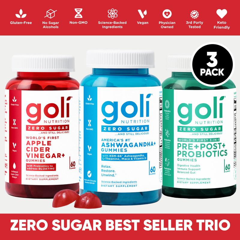 Bộ ba bán chạy không đường - Sản phẩm 3 trong 1 đầu tiên trên thế giới với Probiotic, Giấm táo với Vitamin B12 và Probiotic để giải quyết tình trạng đầy hơi, Ashwagandha & L-Theanine, kẹo dẻo Vitamin D. Không chứa gluten, thuần chay, không biến đổi g