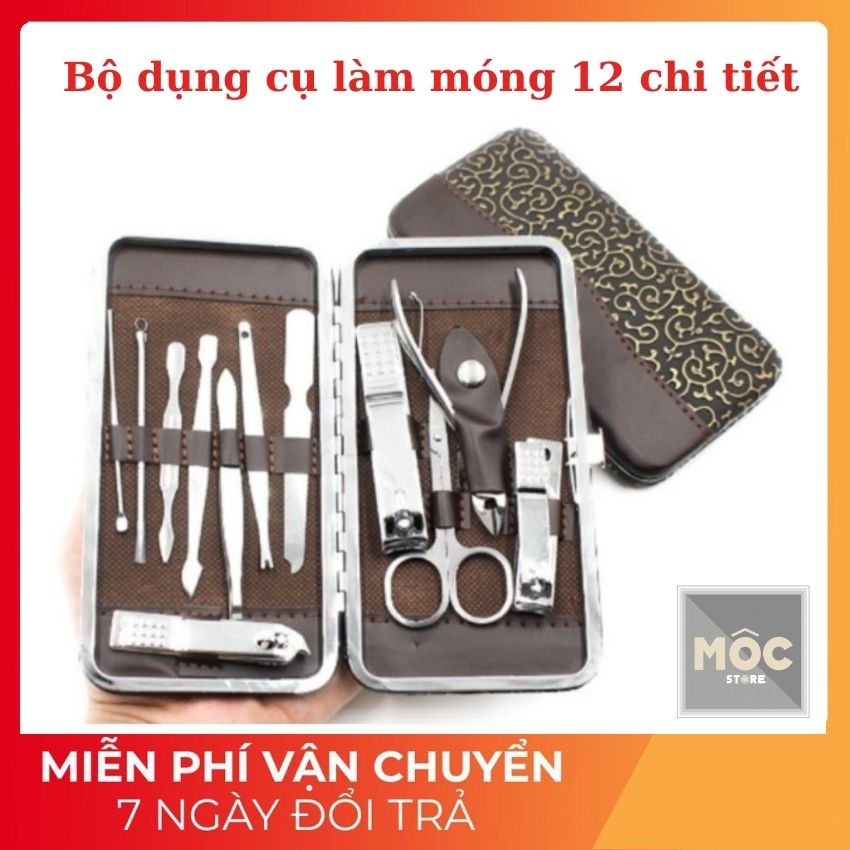 Bộ làm móng 12 món, Bộ dụng cụ chăm sóc móng 12 chi tiết, Kiềm móng đa năng, Bộ Cắt, Bấm Dũa Móng Tay, Lấy Ráy Tai, Que Nặn Mụn Cao Cấp Nhiều Tiện Ích, kìm bấm thép inox không gỉ, sắc bén nhỏ gọn, giá rẻ
