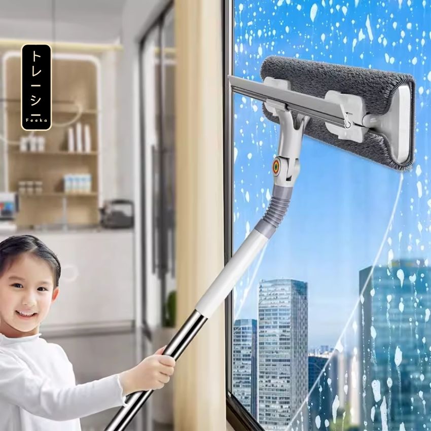 Cây gậy lau kính xoay 360 độ cán dài 2 mặt, dụng cụ lau kính 2 chức năng đa năng kèm gạt kính