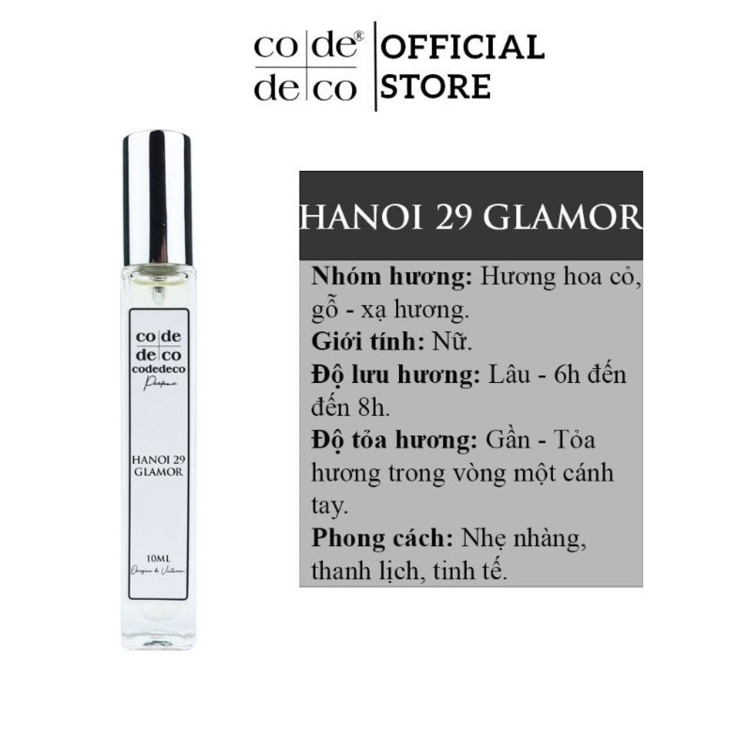 Nước hoa code deco hanoi 29 glamor 10ml nhẹ nhàng, thanh lịch, tinh tế Chính Hãng.