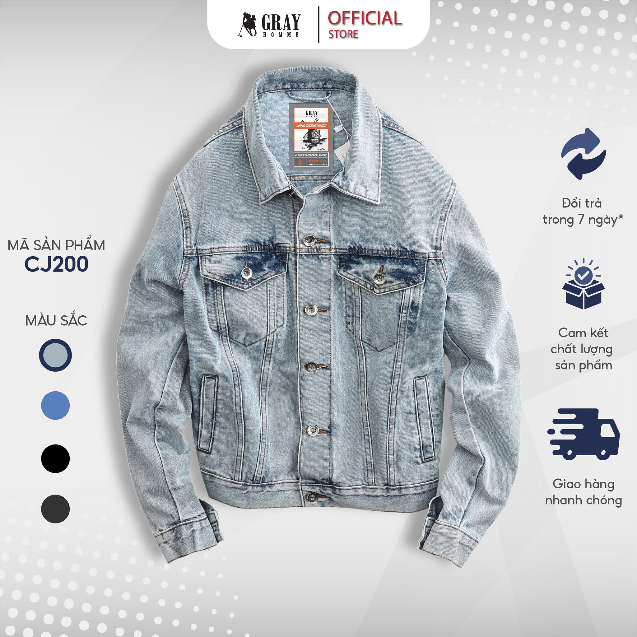 Áo khoác Jean nam GRAYHOMME chất denim bò xịn họa tiết - CJ200