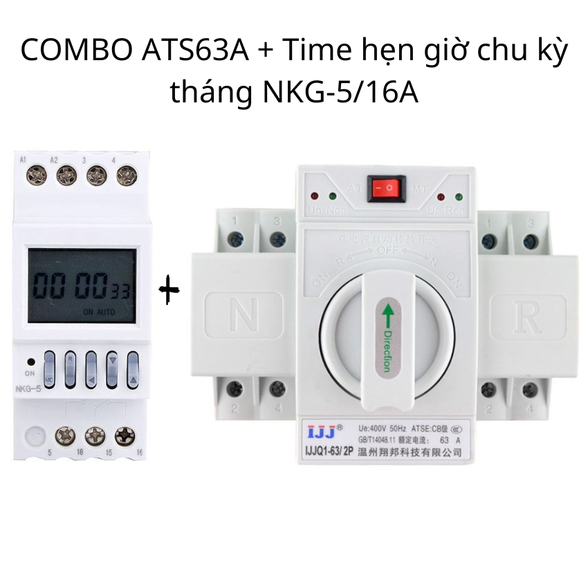 Bộ đổi nguồn điện tự động ATS 2P 63A và công tắc hẹn giờ NKG-5 16A dùng cho 2 công tơ bật/ tắt 15 ngày luân phiên , hẹn giờ chu kỳ tháng