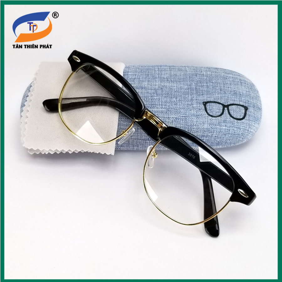 Gọng kính cận nam nữ mắt tròn màu đen và xám, tròng giả cận 0 độ chống ánh sáng xanh. Khung gọng kim loại bền bỉ, không kém size mặt.