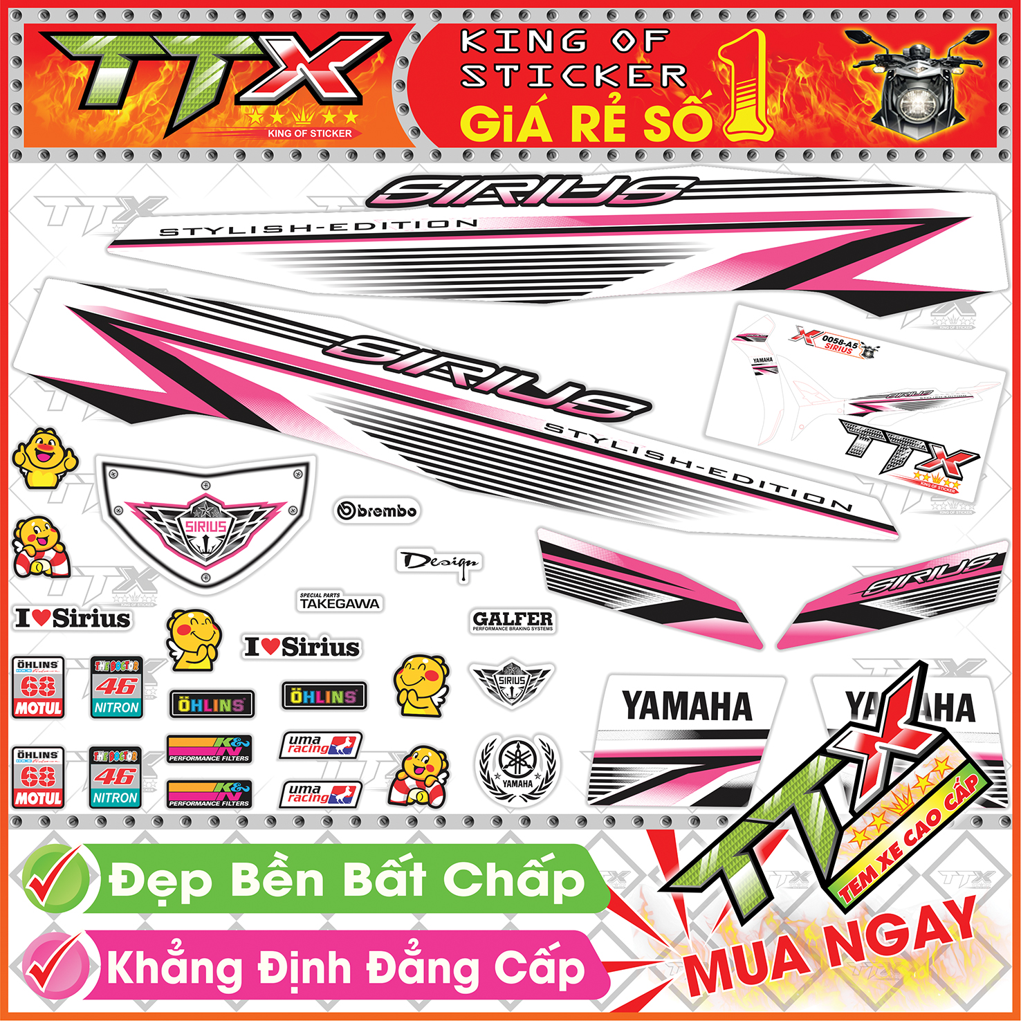 Tem xe sirius trắng hồng - tem sirius hồng trắng viền chỉ siêu đẹp - mẫu team sirius trắng hồng