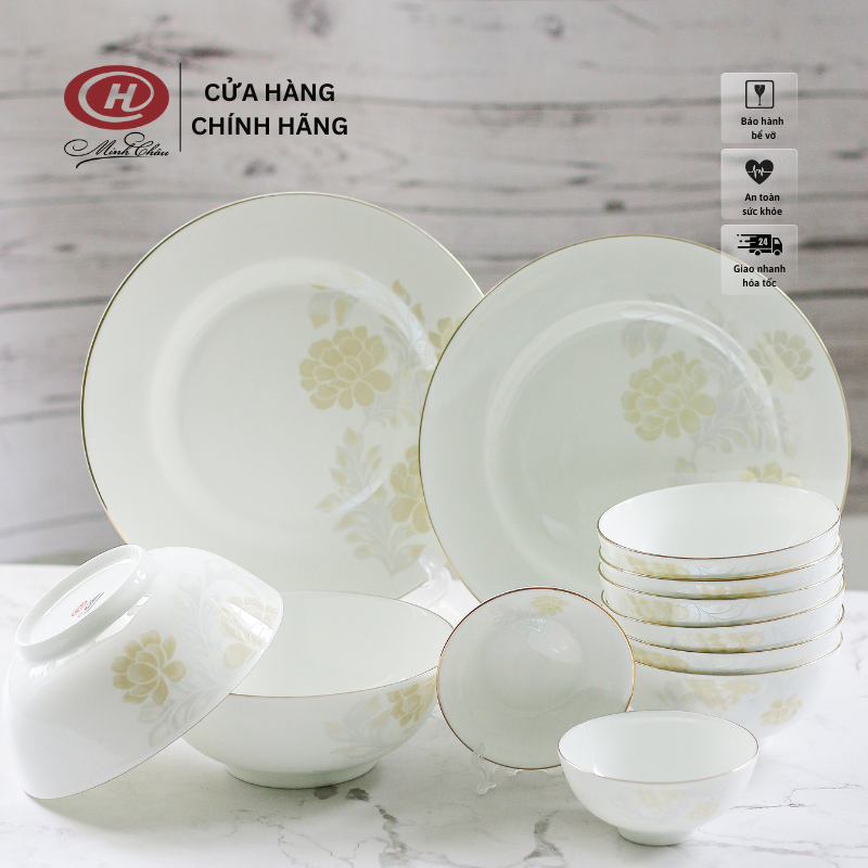 [Sứ Siêu Nhẹ] Bộ Bát Đĩa 12 Món Sứ Xương Hoa Kẻ Cao Cấp - Sứ Minh Châu