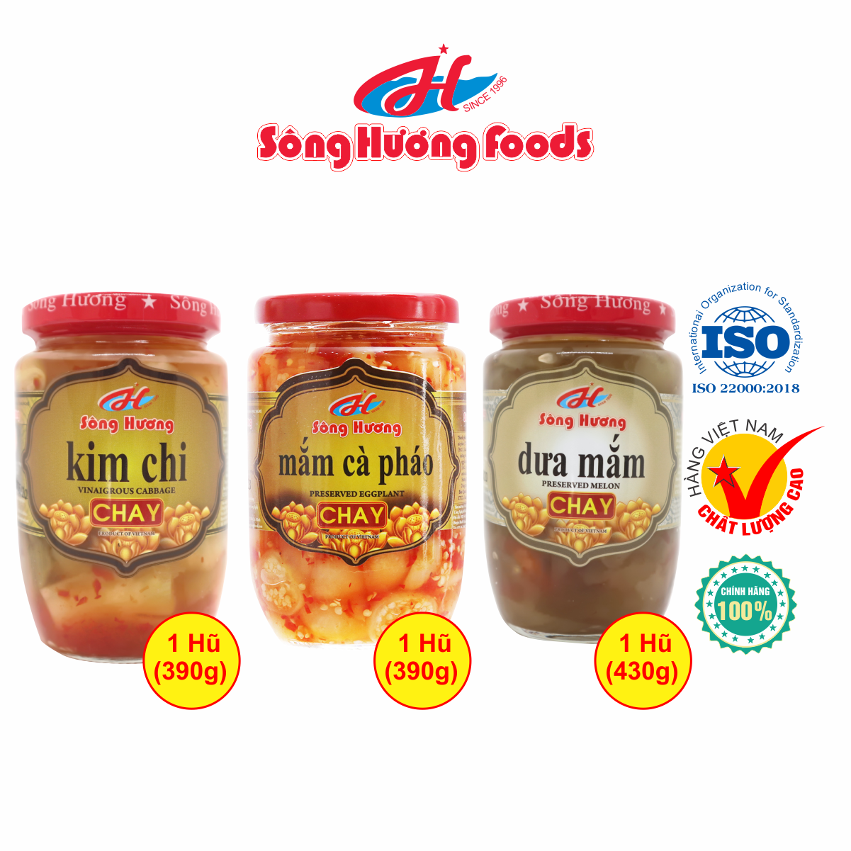 Combo 1 Hũ Kim Chi Chay 390g + 1 Hũ Mắm Cà Pháo Chay 390g + 1 Hũ Dưa Mắm Chay 430g Sông Hương Foods