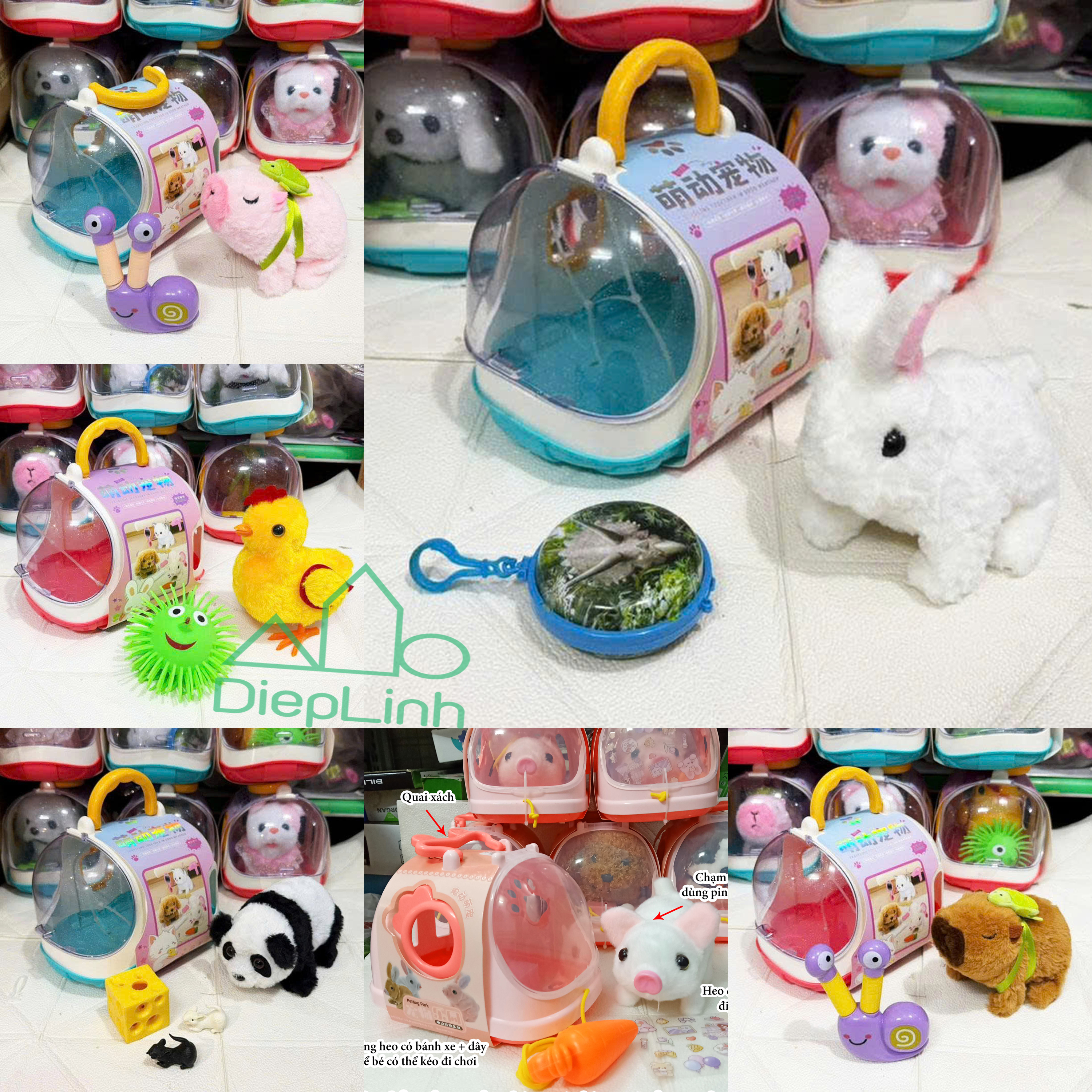 [Có pin] Đồ chơi chăm sóc thú cưng, lồng thỏ bông, mèo bông, chó bông, gấu trúc biết đi kêu, vẫy đuôi kèm phụ kiện, ba lô thỏ bông