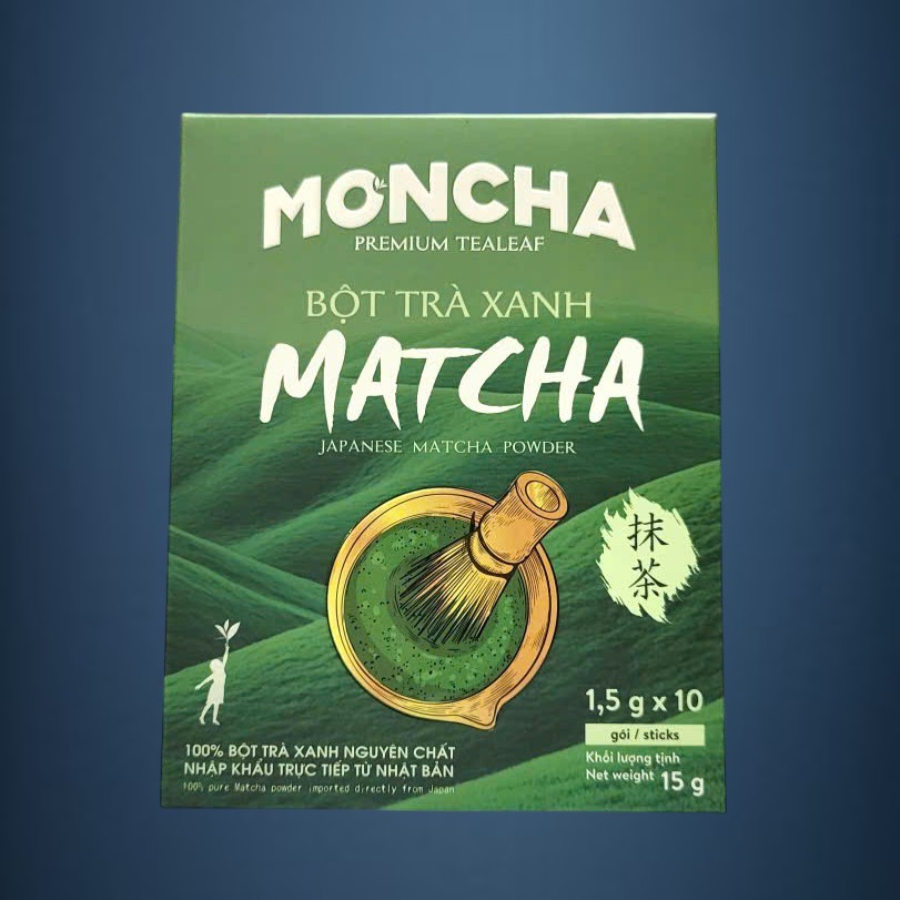 MONCHA - hộp 15gr / 10 gói - BỘT TRÀ XANH NGUYÊN CHẤT NHẬT BẢN Pure Matcha Powder