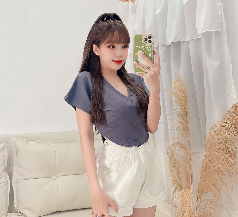 Áo croptop nữ tay ngắn vạt bầu cổ tim chất thun cotton 2 chiều mềm mịn mát - A0166