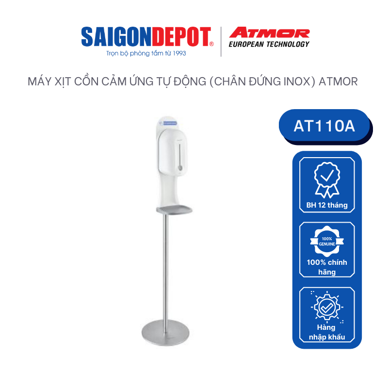 [HCM] Máy xịt cồn cảm ứng tự động chân đứng (inox) ATMOR - SaigonDepot - AT110A  máy xịt cồn rửa tay sát khuẩn dung tích 1100ml nhựa trắng chắc chắn sang trọng phù hợp mọi không gian lắp đặt - bảo hành chính hãng 1 năm