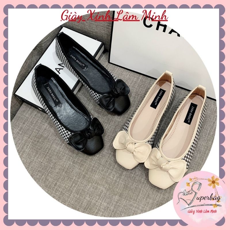 Giầy bệt nữ ♥️freeship♥️ giầy búp bê kẻ đính nơ đế dẻo da mềm kute gxhq 69