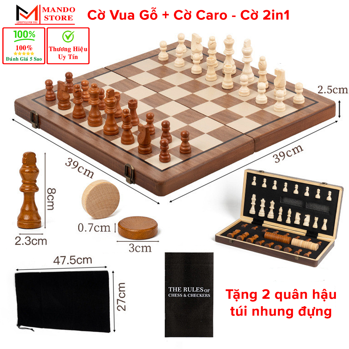 Cờ vua nam châm bằng gỗ tần bì với lực hút tặng kèm 2 quân hậu kết hợp cờ đam – cờ caro 2 trong 1 cao cấp - có phân loại thường