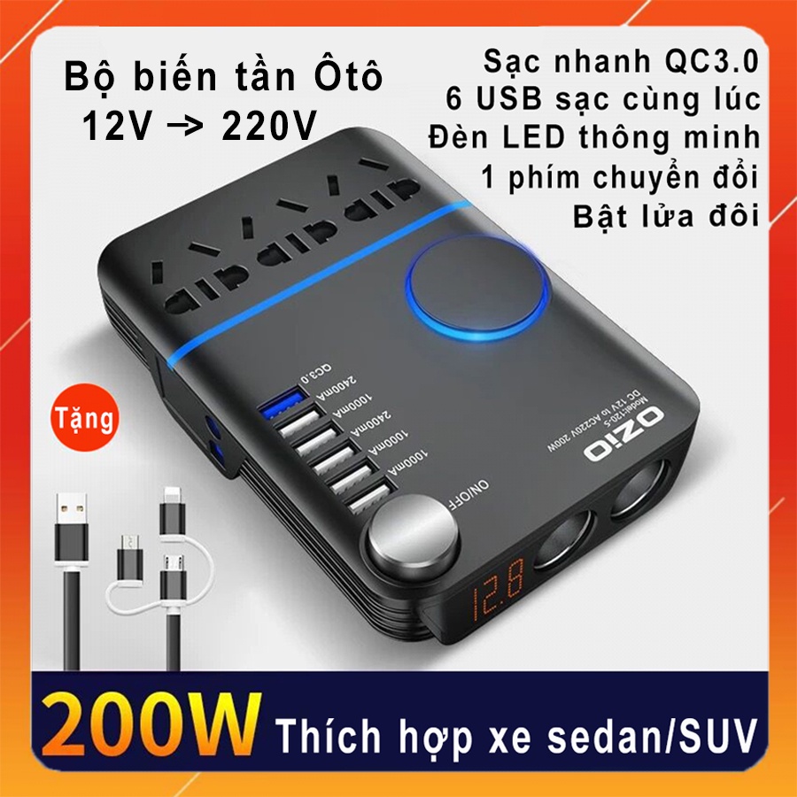 Bộ sạc biến tần thông minh chuyển đổi 12V sang 220V, 6 cổng USB và 1 cổng sạc nhanh