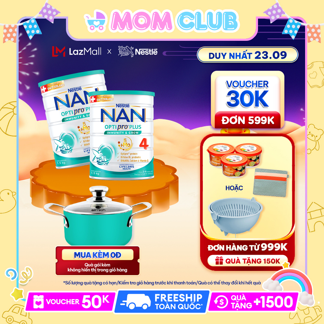 CHỈ 1517.9 TẶNG ĐỒ DÙNG CHO MẸ ĐH 999KSLCH Bộ 2 lon Sữa bột Nestlé NAN OPTIPRO PLUS 4 1500g/lon với 5HMO Giúp tiêu hóa tốt Tăng cường đề kháng Tặng nồi Elmich chống dính 20cm