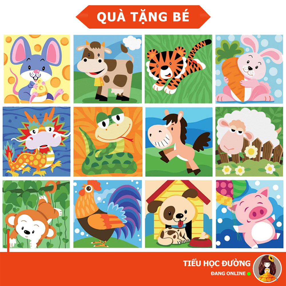 Tranh Tô Màu Số Hoá Các Con Vật Size Nhỏ Cho Bé Từ 6-12 Tuổi Căng Sẵn Khung 20x20cm