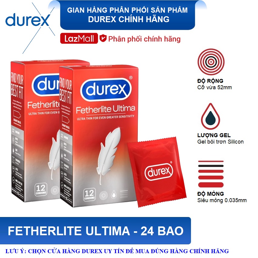 Bộ 2 hộp Bao cao su Durex Fetherlite Ultima 12 bao - Siêu mỏng , size 52mm cỡ vừa
