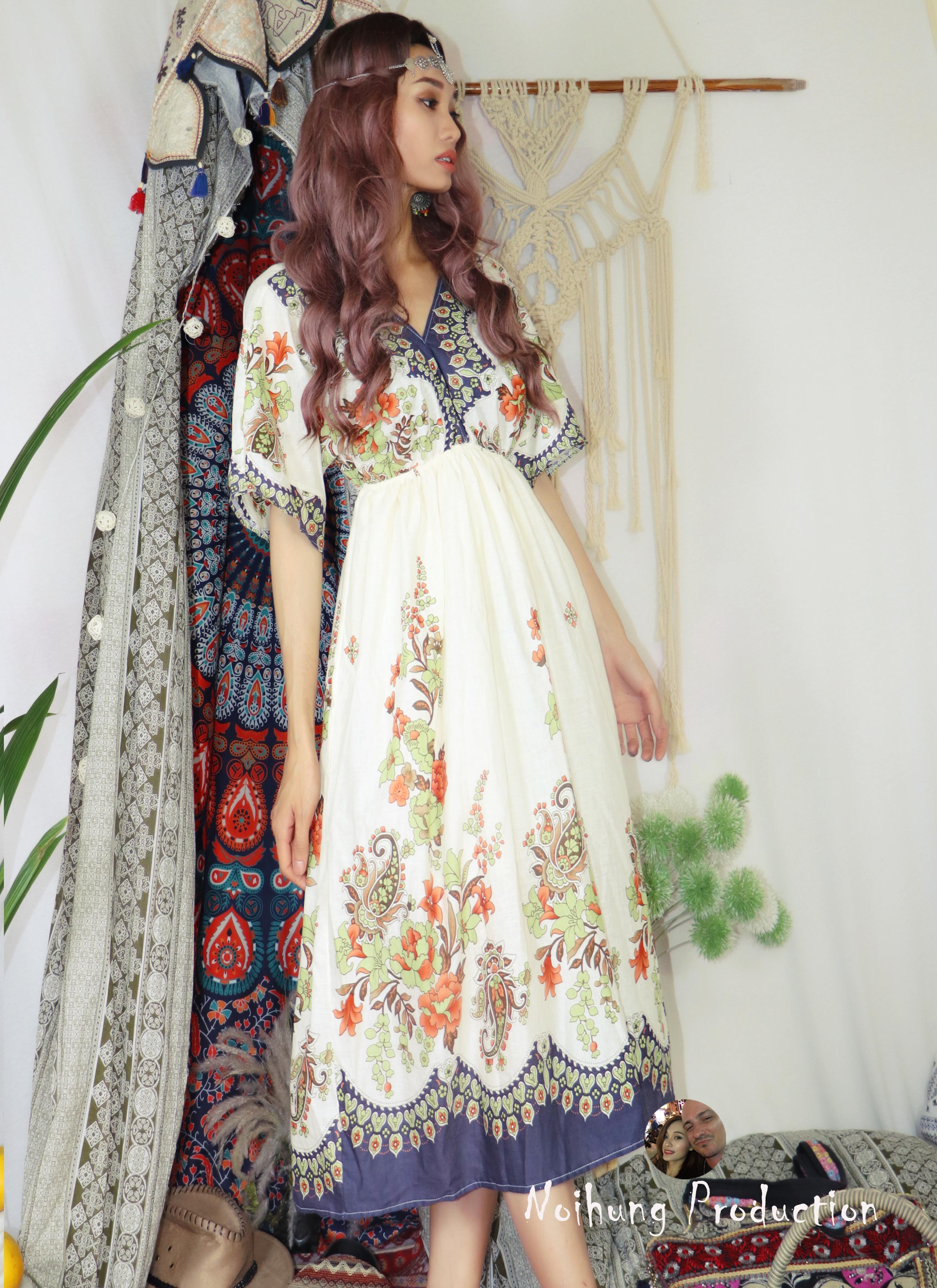 Váy đầm bohemian maxi vintage dáng dài xoè đi biển hoạ tiết hoa lá thổ cẩm bigsize đẹp giá rẻ