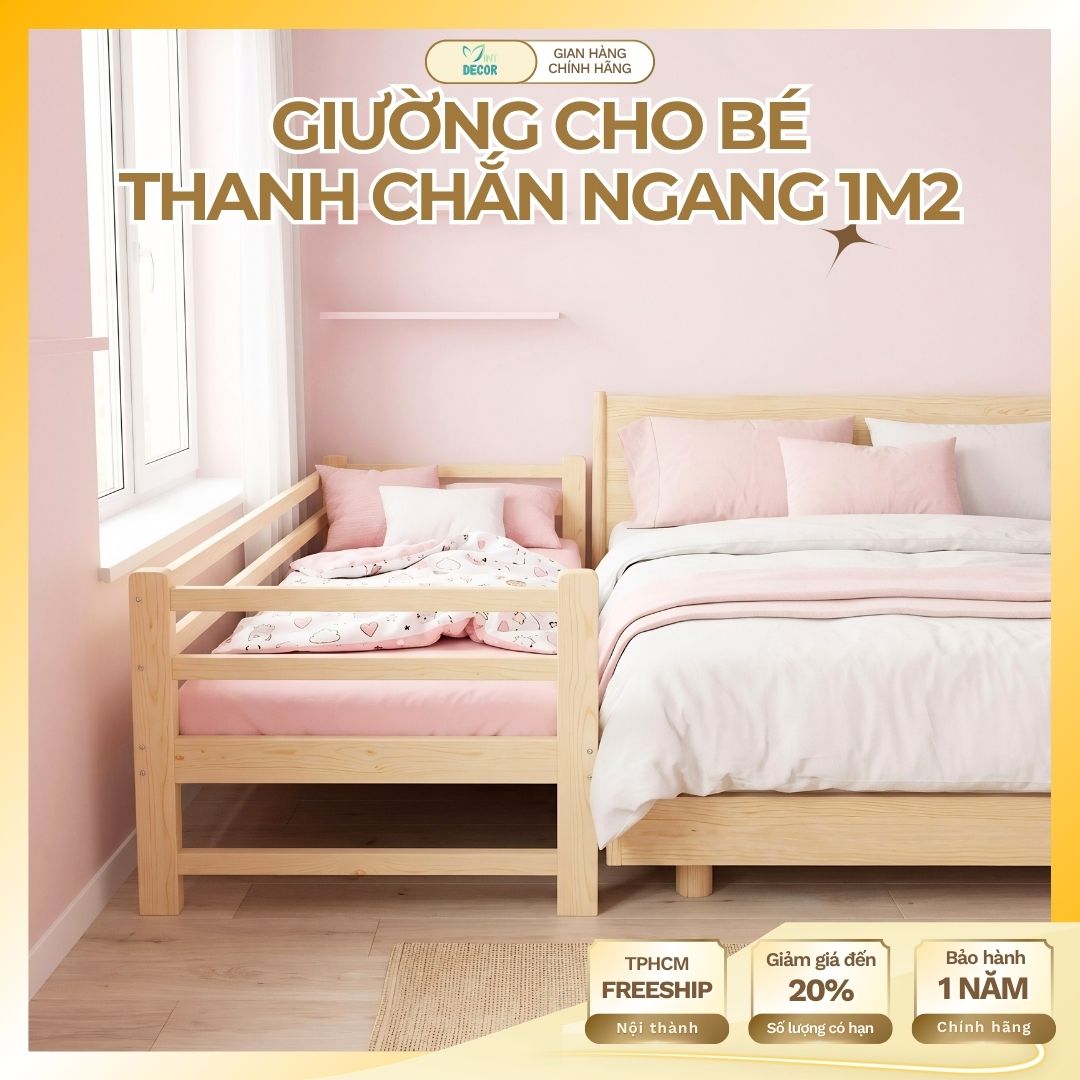 Giường Trẻ Em 1m2 Thanh Chắn Ngang, Gỗ Thông Tự Nhiên, Lắp Ráp Rào Chắn An Toàn Cho Bé