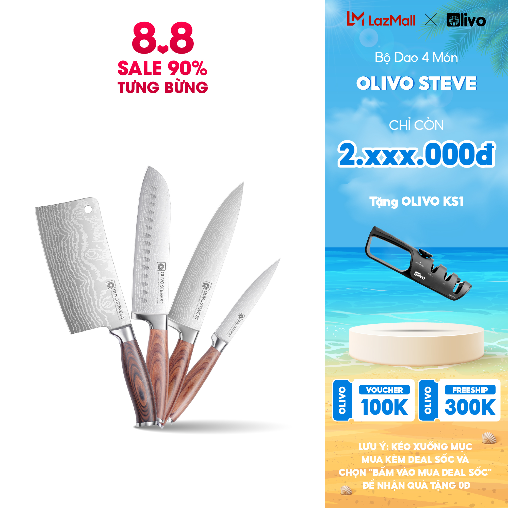 Bộ dao 4 món olivo steve - vật liệu cao cấp - chuôi gỗ hồng - thiết kế công thái học - lưỡi dao sắc bén