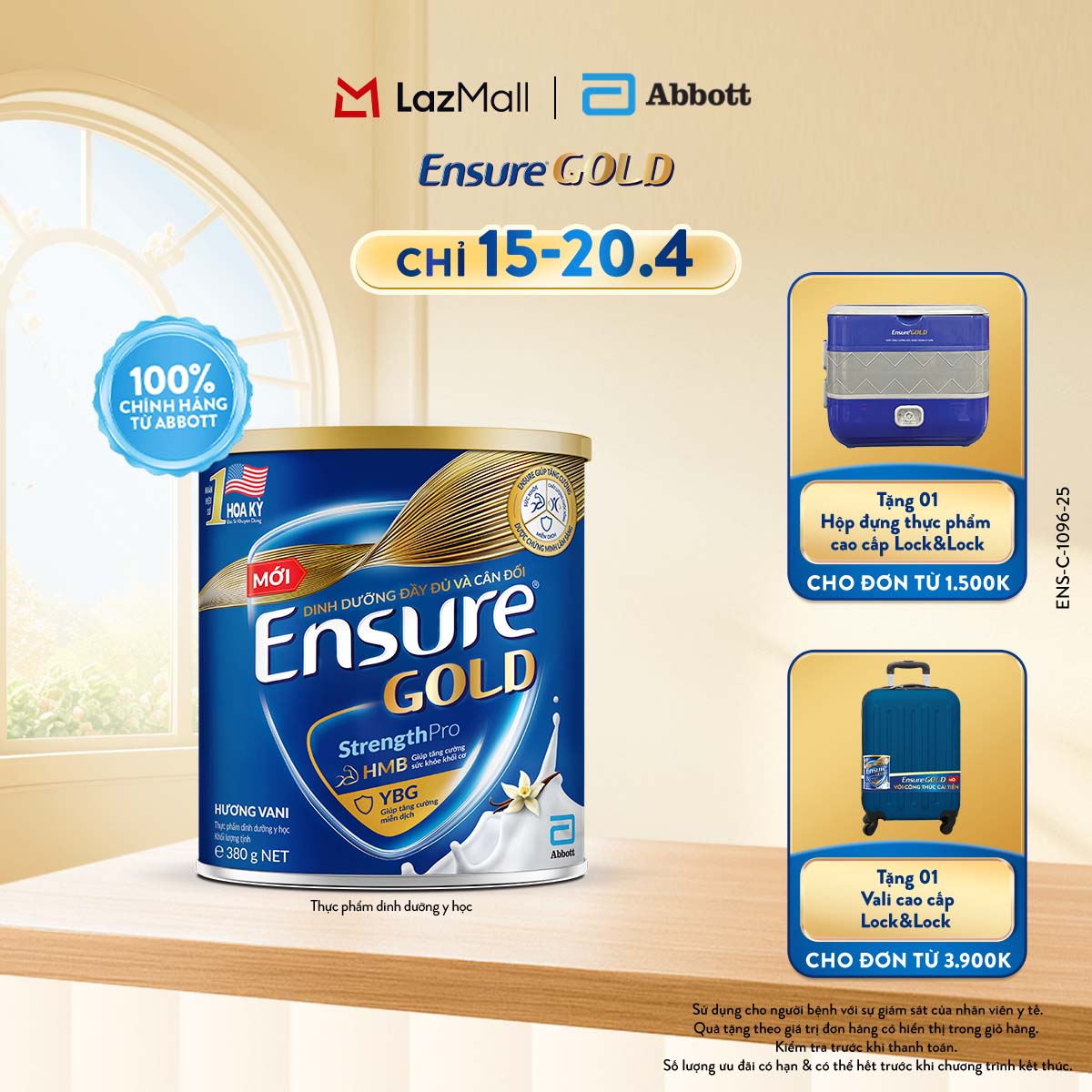 [CHỈ 15-20.04 QUÀ TẶNG CHO ĐH 1500K-SLCH] Lon sữa bột Ensure Gold hương Vani 380g (New)