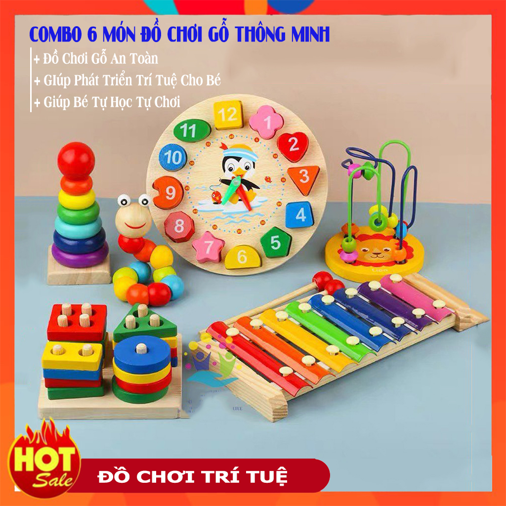 Combo 6 món đồ chơi: đàn tranh + tháp trụ + luồn hạt + đồng hồ xâu dây + sâu gỗ + shapstring